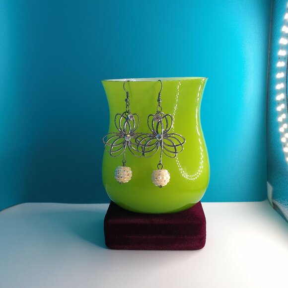 Silver floral with white shiny disco ball crystal dangle earrings - Picture 4 of 7